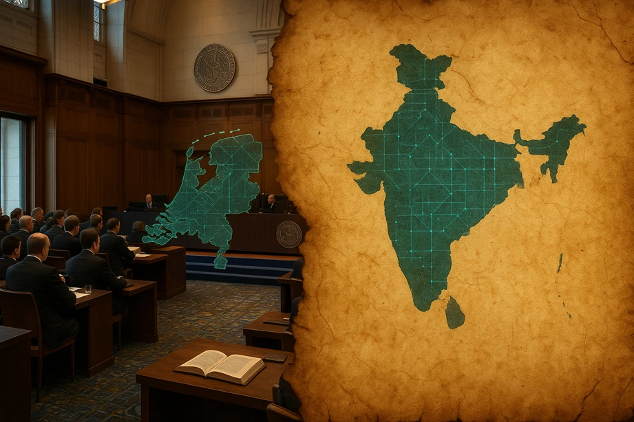 Modern-day international courtroom (like ICJ) subtly morphing into a 17th-century parchment, with holographic maps of India and the Netherlands overlapping.