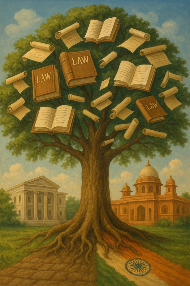 A grand tree rooted in both Indian and European soil, with books of law and scrolls as its branches, reaching into a shared sky above.