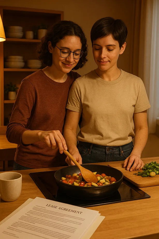 A cozy interior showing two same-sex partners (gender-neutral) cooking together in a shared apartment — warm lighting, visible legal documents (lease agreement, etc.) on a table subtly in background.