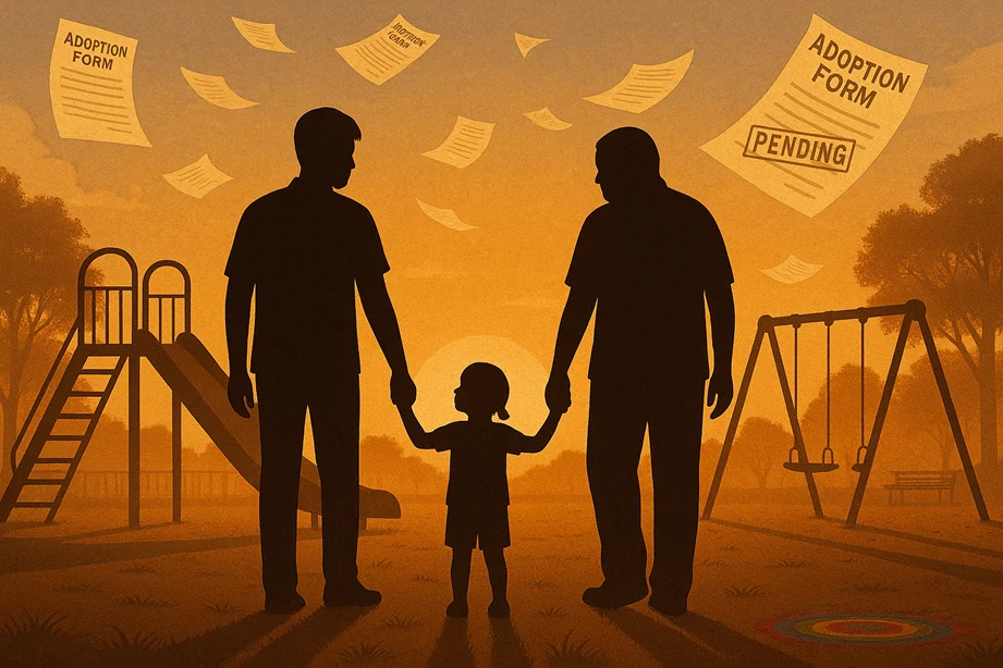 Two parents (gender-neutral silhouettes) holding a child’s hand in a playground, with legal forms flying in the wind in the background (symbolically unreadstamped pending).