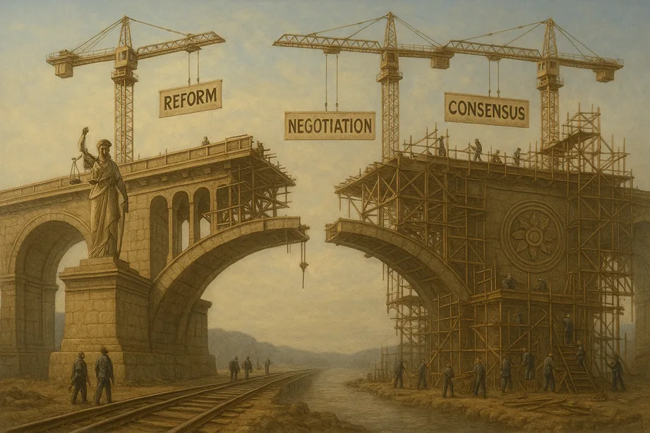A wide legal bridge under construction between East and West, with cranes labeled “Reform”, “Negotiation”, and “Consensus” suspended above.
