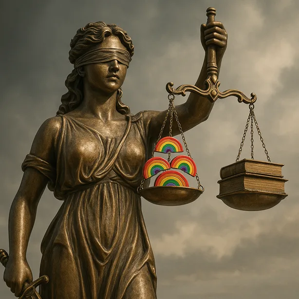 Lady Justice with her scales, but one scale contains rainbow symbols, the other legal texts.