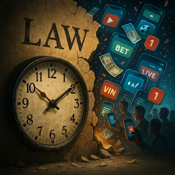 A crumbling paper wall labeled “Law” barely holding back a flood of mobile betting icons and users. A clock ticks in the foreground.