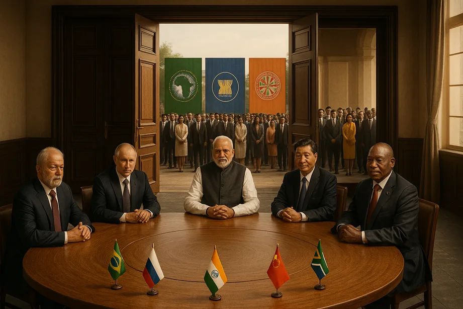 BRICS leaders at a roundtable, with doors open behind them showing African Union, ASEAN, and Latin American nations lining up.