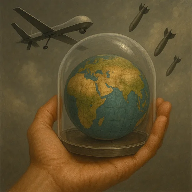 A hand holding a miniature globe shielded by a transparent dome — surveillance drones and bombs bouncing off — depicting the defense of sovereignty.
