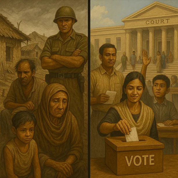 A dual-screen image: one side shows dilapidated rural regions under harsh governance; the other shows hopeful reforms (people voting, education, court access) initiated by emerging democracies.
