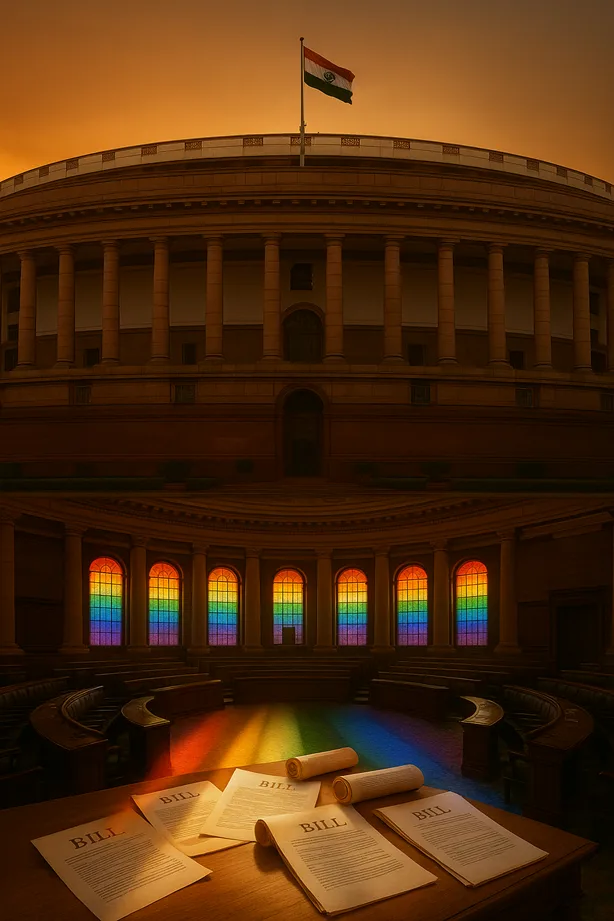 Parliament of India, with rainbow-colored light streaming through its windows onto legislative bills.