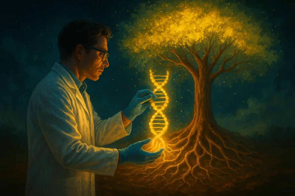 A researcher placing a glowing DNA strand into the roots of a glowing tree — symbolizing research as the root of human progress.