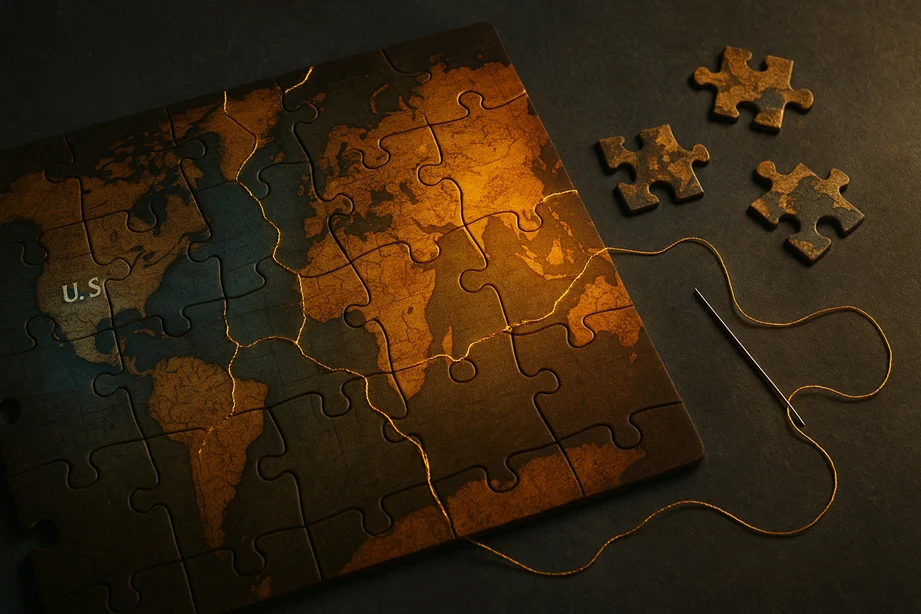 A cracked jigsaw puzzle of global maps being stitched together with golden threads — while smaller fragments drift apart.