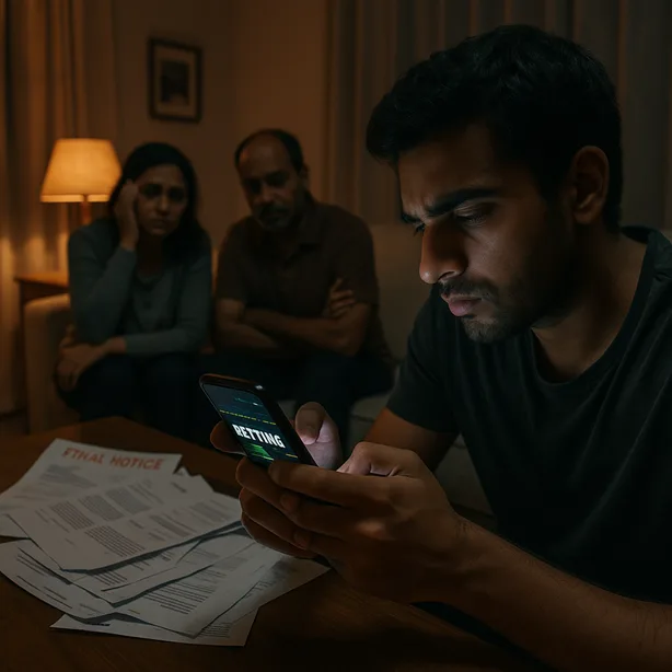 A young man in a dark room, face lit by a phone, betting late at night. Behind him — a worried family, unpaid bills, and emotional disarray.