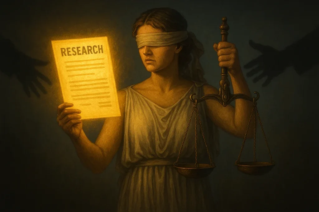 A blindfolded Lady Justice holding a glowing research document, with a shadow of corporate and public hands pulling opposite sides.