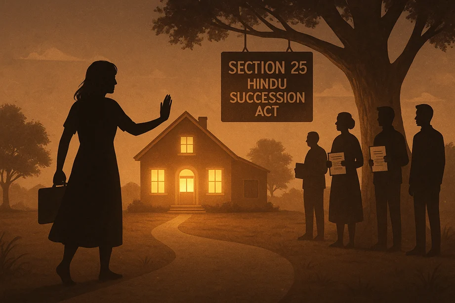 A symbolic visual: a glowing property or home with a shadow of a woman barred from entering, while other family members stand holding documents under a tree marked “Section 25 – Hindu Succession Act”.