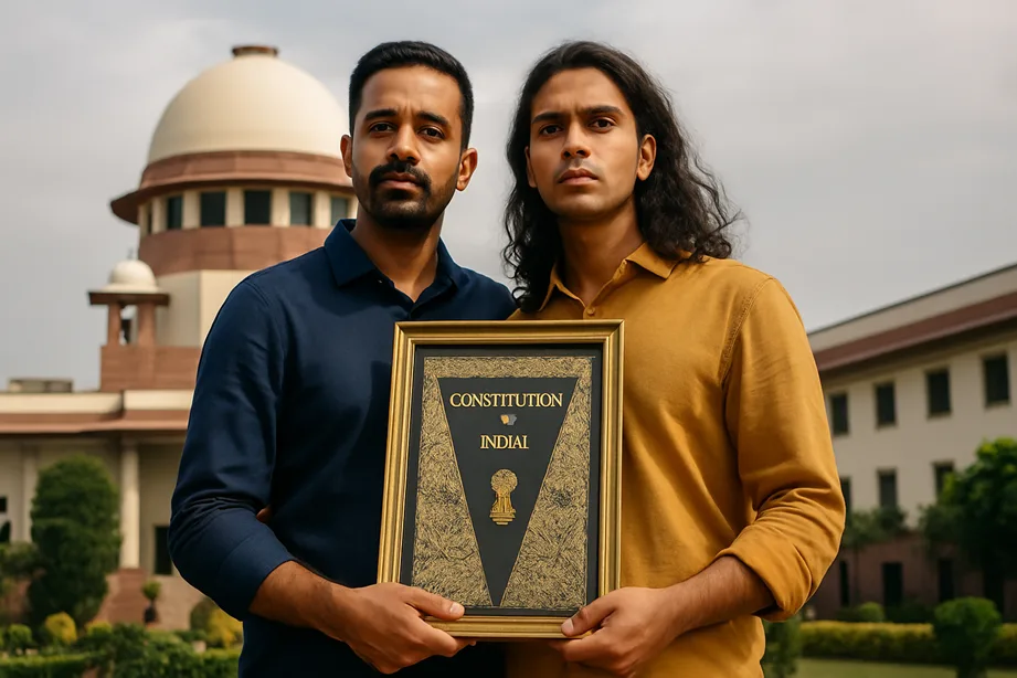 A same-sex couple holding a framed Constitution of India, standing outside the Indian Supreme Court.