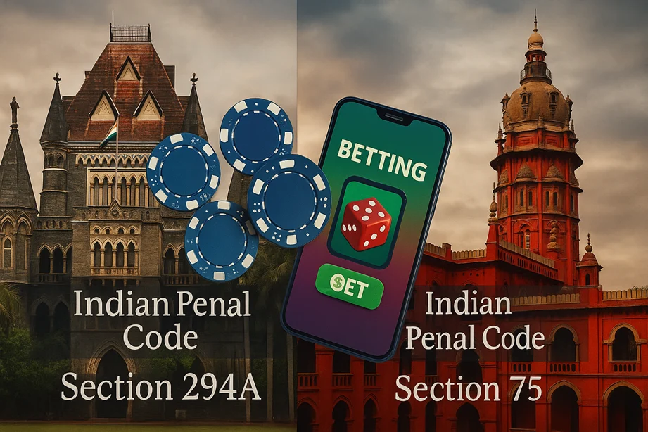 A split-screen image showing two Indian state High Courts (e.g., Bombay HC vs. Tamil Nadu HC), with overlapping Indian Penal Code sections and betting symbols (like playing chips or mobile apps) overlayed.