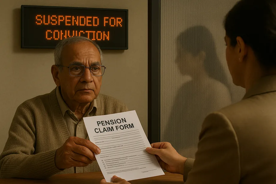 A pension office scene where an elderly parent is handing in forms, while a digital notice board shows “Suspended for Conviction”. Faint silhouettes of the wife blocked behind a screen.