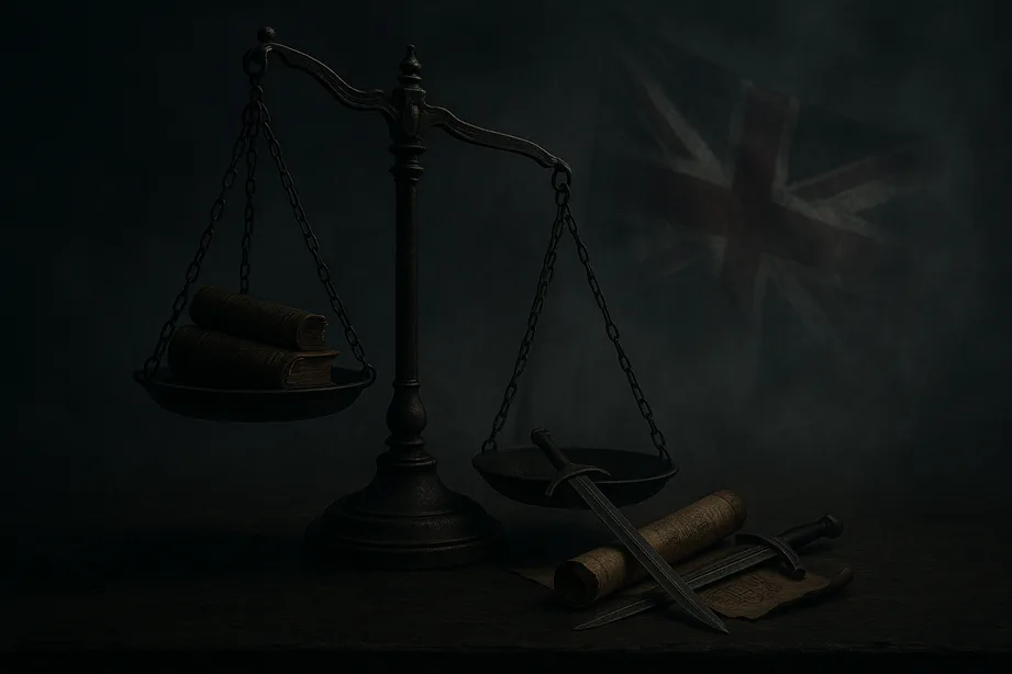 Balance of justice in darkness with flag of Britain in background showing British laws