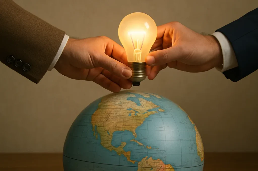 Two hands — one in a government coat, one in a business suit — jointly assembling a lightbulb over a globe.