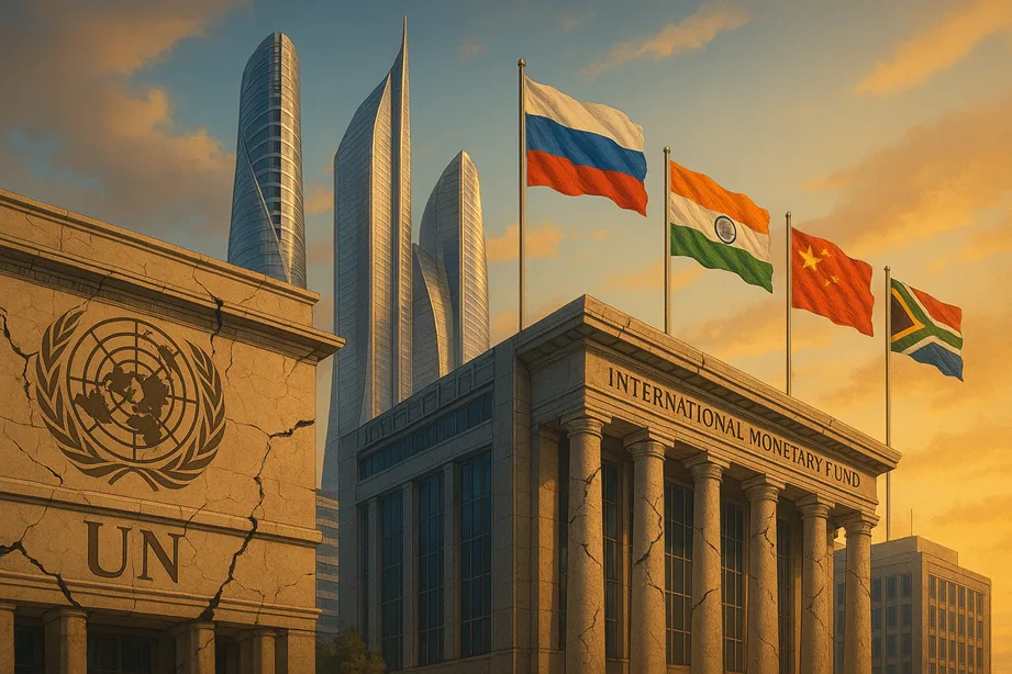 A symbolic visual of traditional Western legal institutions (like the UN or IMF buildings) with visible cracks, while new futuristic buildings rise behind them with flags of BRICS nations.