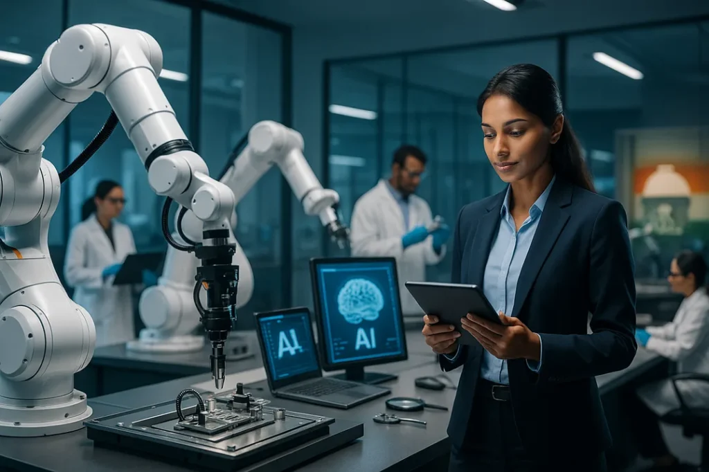 A sleek corporate R&D lab where robotic arms, AI terminals, and bioengineers are crafting futuristic tech.