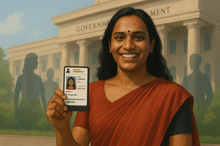A proud transgender individual holding their Aadhaar/passport in front of a government building.