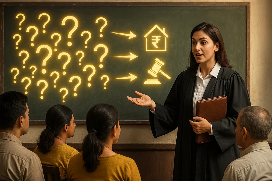 A courtroom chalkboard filled with glowing “question marks” transforming into answers (symbols only: house, rupee, gavel) as a lawyer explains to a small group.