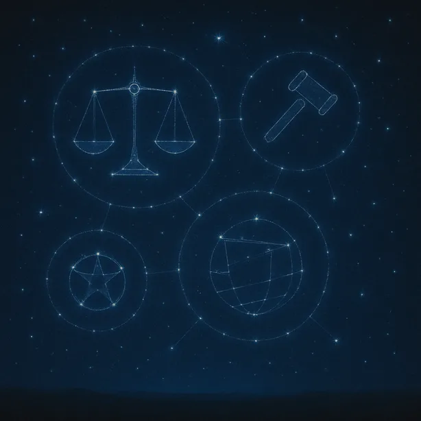 A star-studded sky showing constellations shaped like legal symbols (scales, gavels) forming a new world order pattern.
