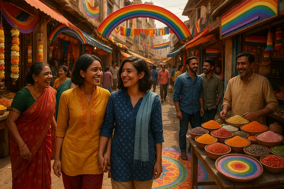 A vibrant Indian street market scene where same-sex couples freely walk, shop, and smile — rainbow motifs appear subtly in shop signs or rangoli designs.