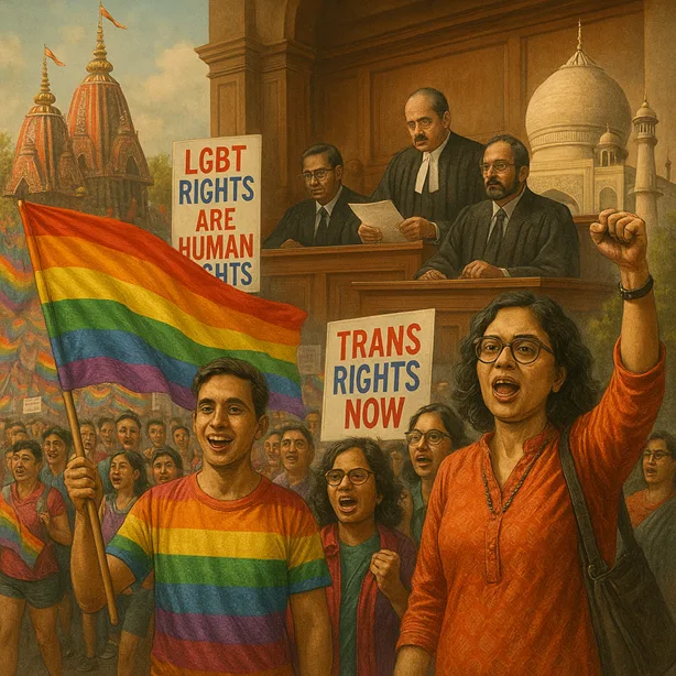 A collage-style image with the Pride parade, courtrooms, activists, and temples/mosques in the backdrop.