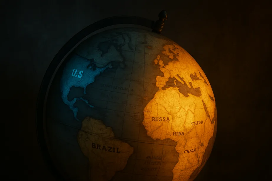 An old, fading globe with the U.S. lit in cold blue, while BRICS countries begin glowing in warm golden light — signifying the end of unipolar dominance.