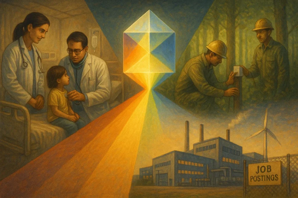A glowing prism refracting into three scenes:
Doctors with a child in a hospital
Engineers placing sensors in a forest
A factory with new green-tech and job postings