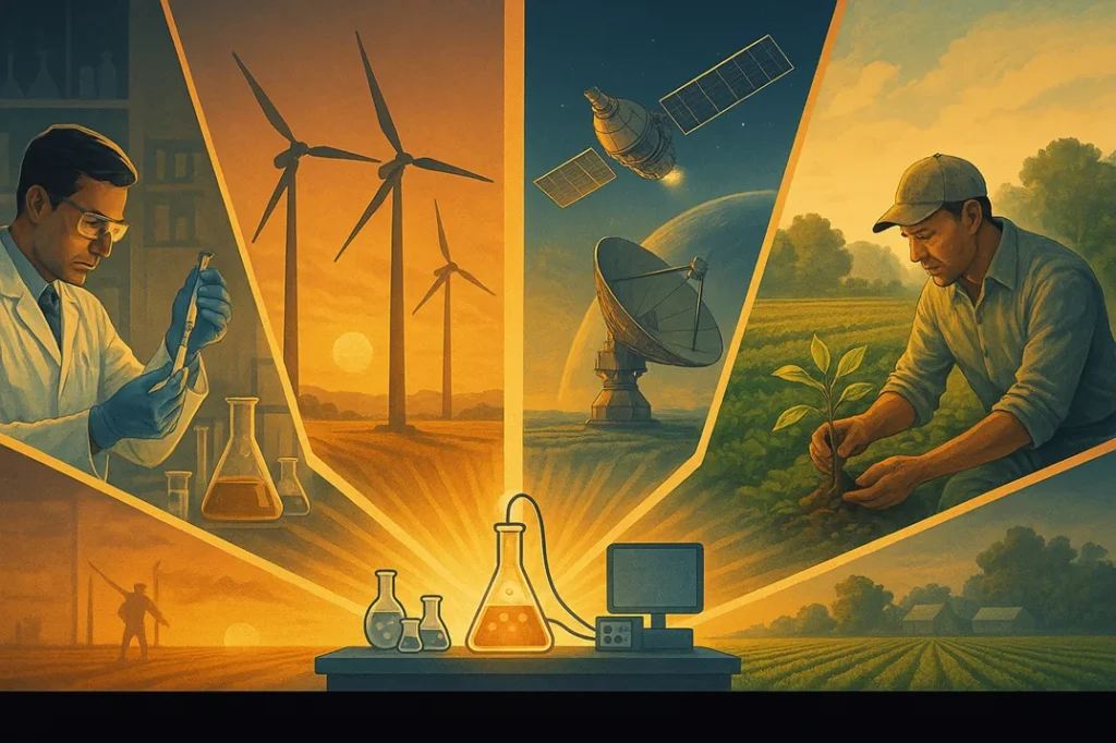 A time-lapse-style image split into panels: vaccine creation, clean energy windmills, satellite communication, and green farming — all emerging from a glowing central lab.
