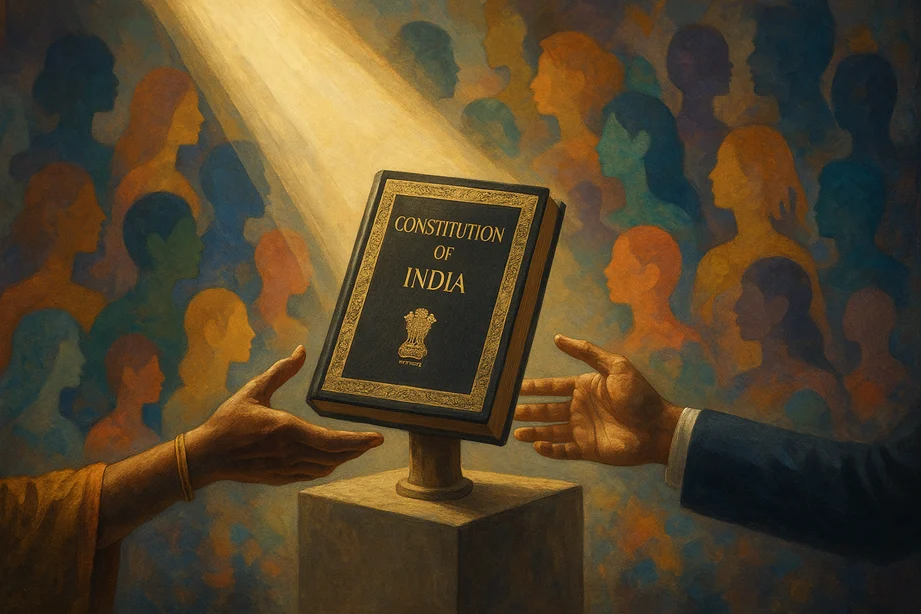An open Constitution of India placed on a pedestal under a beam of sunlight, with two hands — one traditional, one modern — reaching toward it. Background: abstract mural of diverse identities blending into each other.