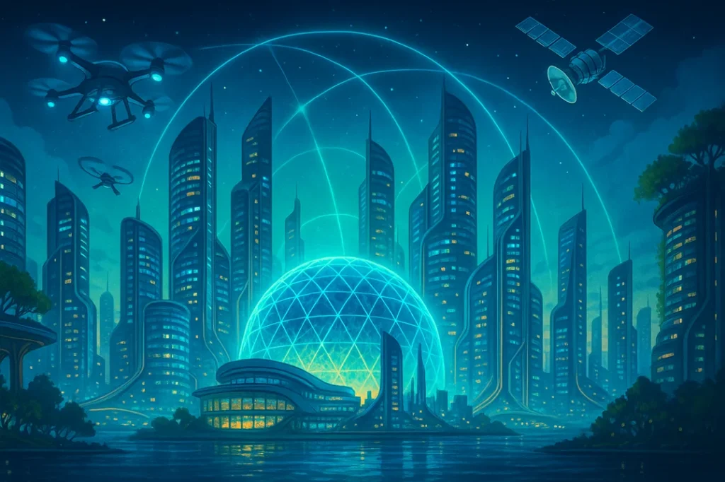 A stylized, glowing research city of the future, where drones, satellites, oceanic labs, and sky gardens thrive in harmony.