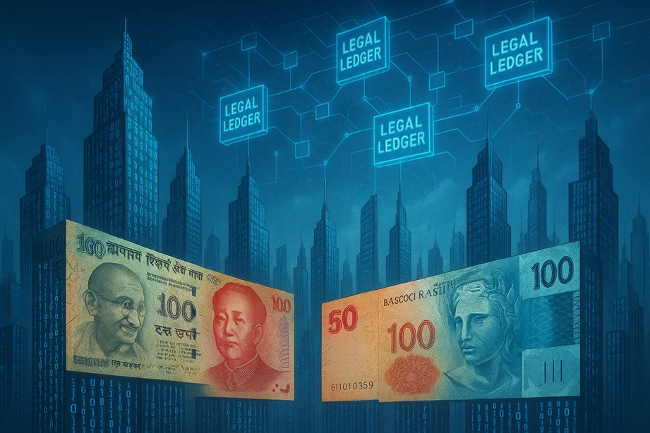 A fusion of digital skyscrapers made of code, surrounded by currencies like rupee, yuan, real — with a blockchain-style “legal ledger” in the sky.