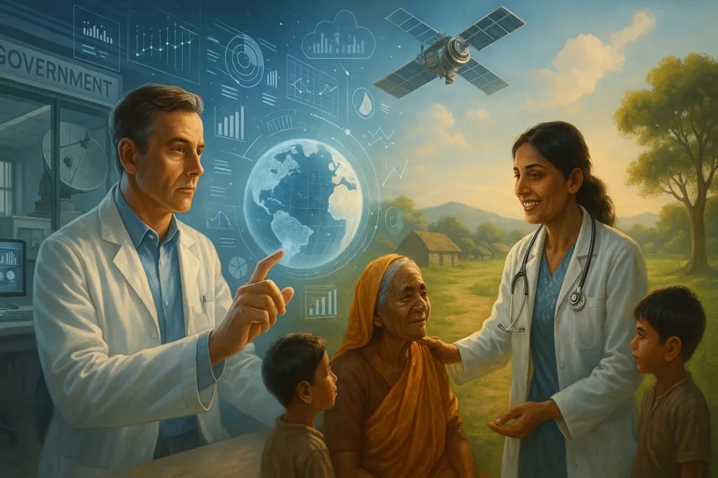 A scientist in a government lab helping a rural village via satellite tech or medical outreach, with transparent data visuals in the sky.