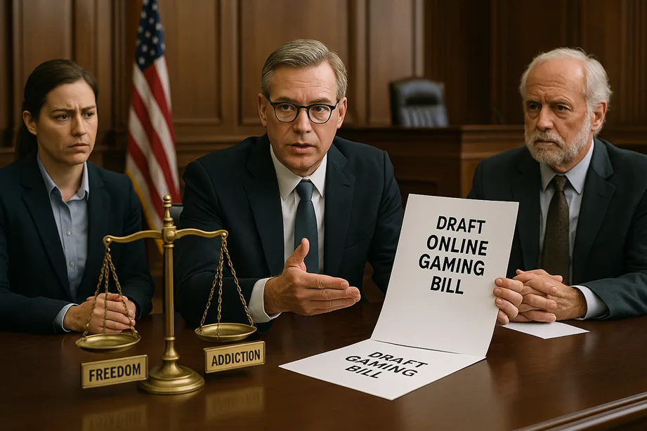A well-lit courtroom scene with legislators and stakeholders discussing over a paper titled “Draft Online Gaming Bill”, with a balance scale showing “Freedom” and “Addiction.”
