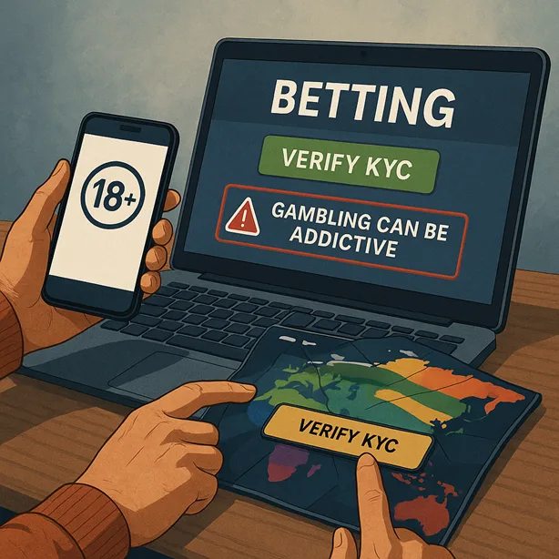 A responsible adult verifying KYC on a legal betting platform, with disclaimers shown on screen (age check, addiction warning).