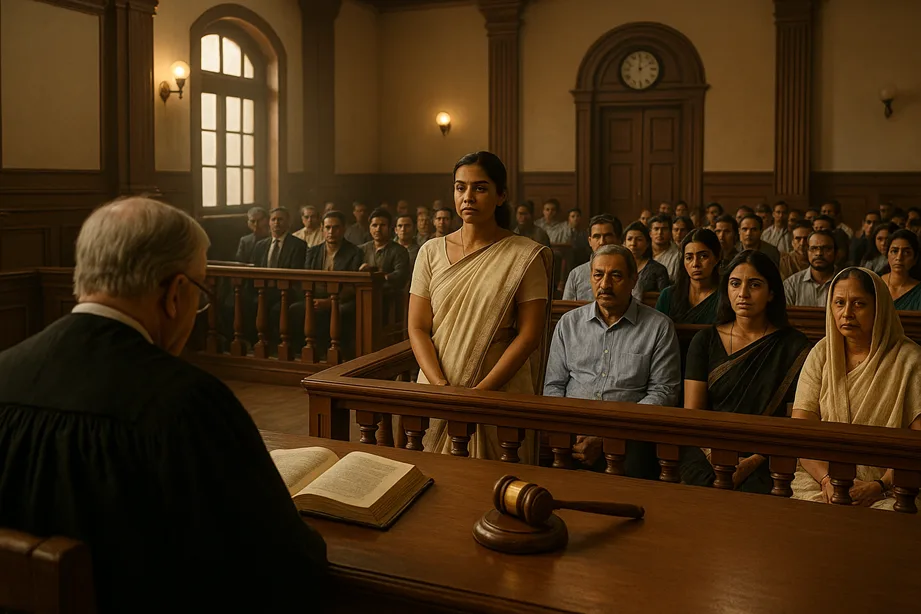 A wide courtroom shot with the wife in the accused dock, the deceased’s family watching the trial unfold, while the judge prepares to hear arguments.