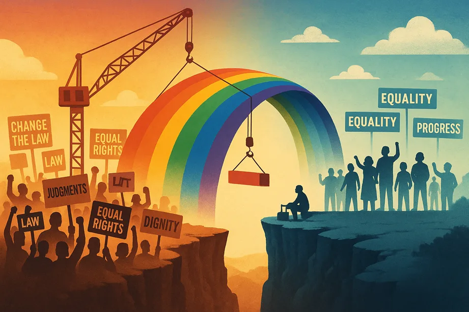 A rainbow-hued bridge being built across a legal chasm — on one side, protest signs and judgments; on the other, community, equality, and progress.