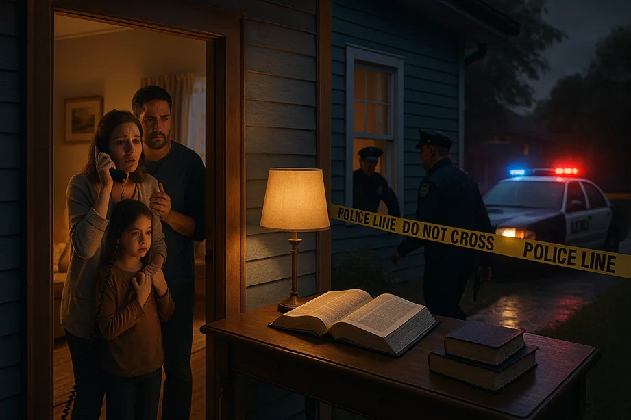 A symbolic scene showing a shocked family calling police from a modest home, while officers arrive and tape off the crime scene — law books open on a table.