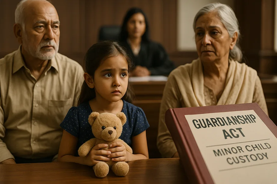 A minor child holding a toy, sitting beside grandparents in a family court. In the blurred background: a custody file labeled “Guardianship Act”.