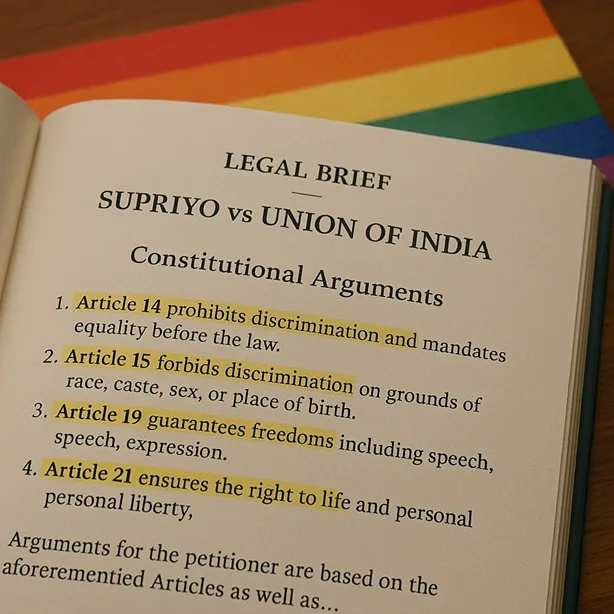 Close-up of a legal brief open on a table with highlighted Articles 14, 15, 19, and 21.
