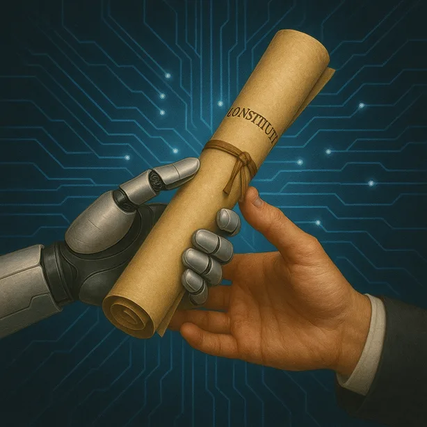 A robotic hand and a human hand exchanging a constitutional scroll, with a glowing circuit-board backdrop — a fusion of ethics, law, and AI.