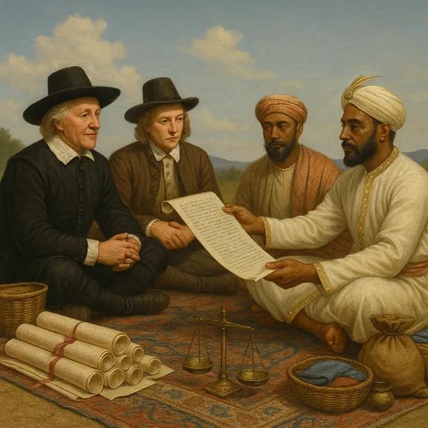 A formal royal meeting between Dutch envoys and Indian nobles (Mughal/Maratha-era), seated as equals under open skies, surrounded by law scrolls and trade goods.