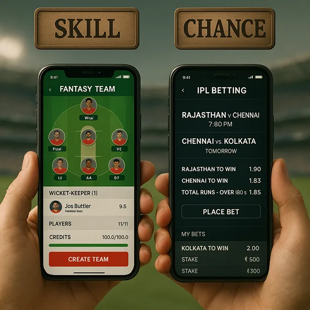 Two parallel smartphone screens — one showing a Dream11-like fantasy team selection screen, the other a shady IPL betting interface with odds and bets