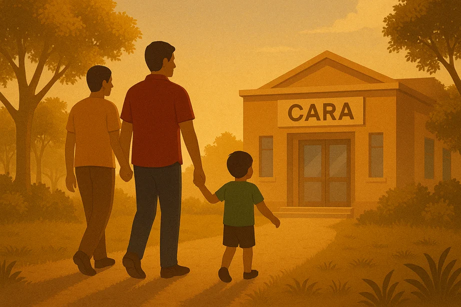 A same-sex couple with a child holding hands, walking toward a CARA office.