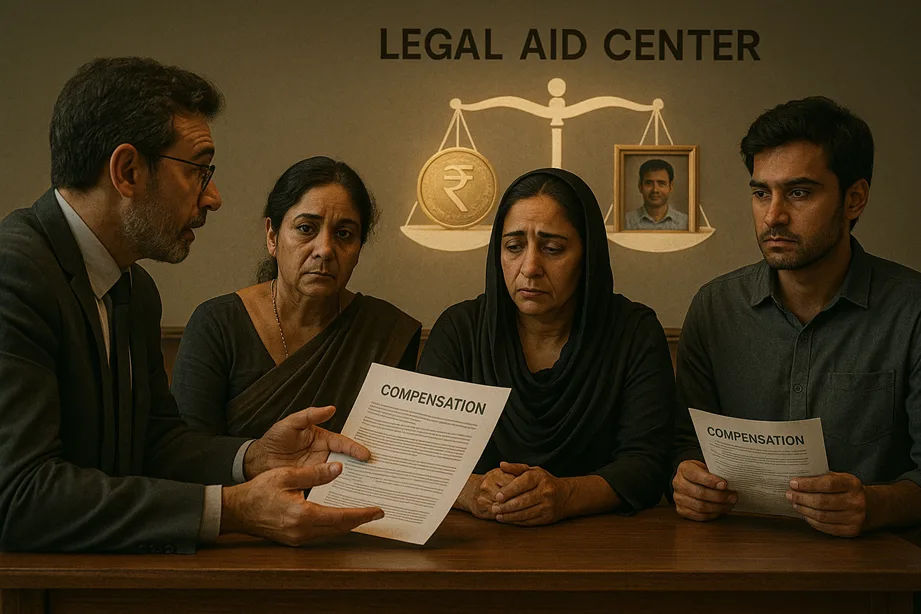 A family sitting in a legal aid center with a concerned lawyer showing compensation documents. Behind them, a symbolic scale of justice holds both a rupee coin and a family photo.