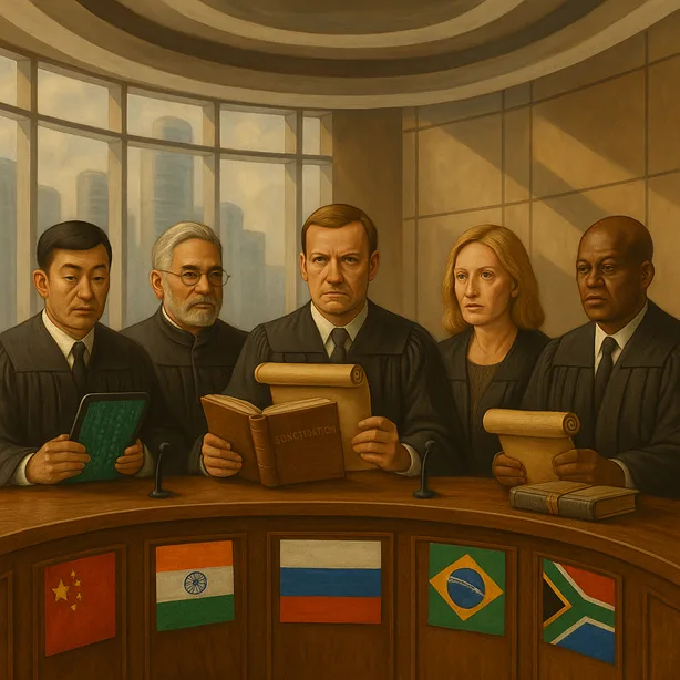 A table of five judges from BRICS nations seated at a circular bench, each with unique legal symbols (Constitution, scrolls, digital code tablets), surrounded by modern architecture.