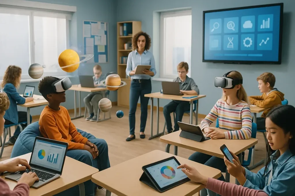 
Digital classroom environment showcasing technology integration including virtual reality computers, and mobile devices in education