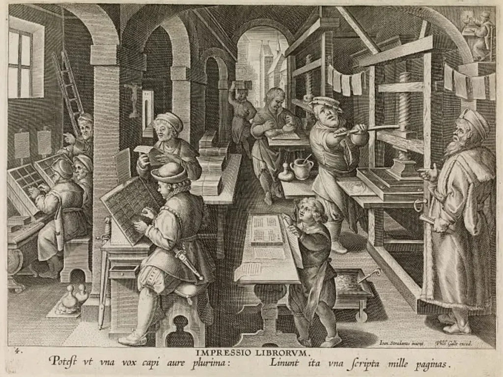 Engraving of a Renaissance-era print shop illustrating the early printing process that catalyzed the development of copyright law 